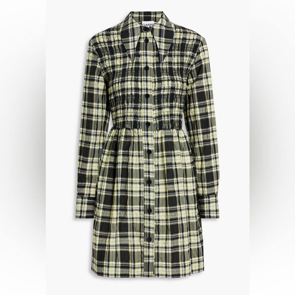 GANNI Seersucker Check Smocked Shirt Dress Size 34 (US2)